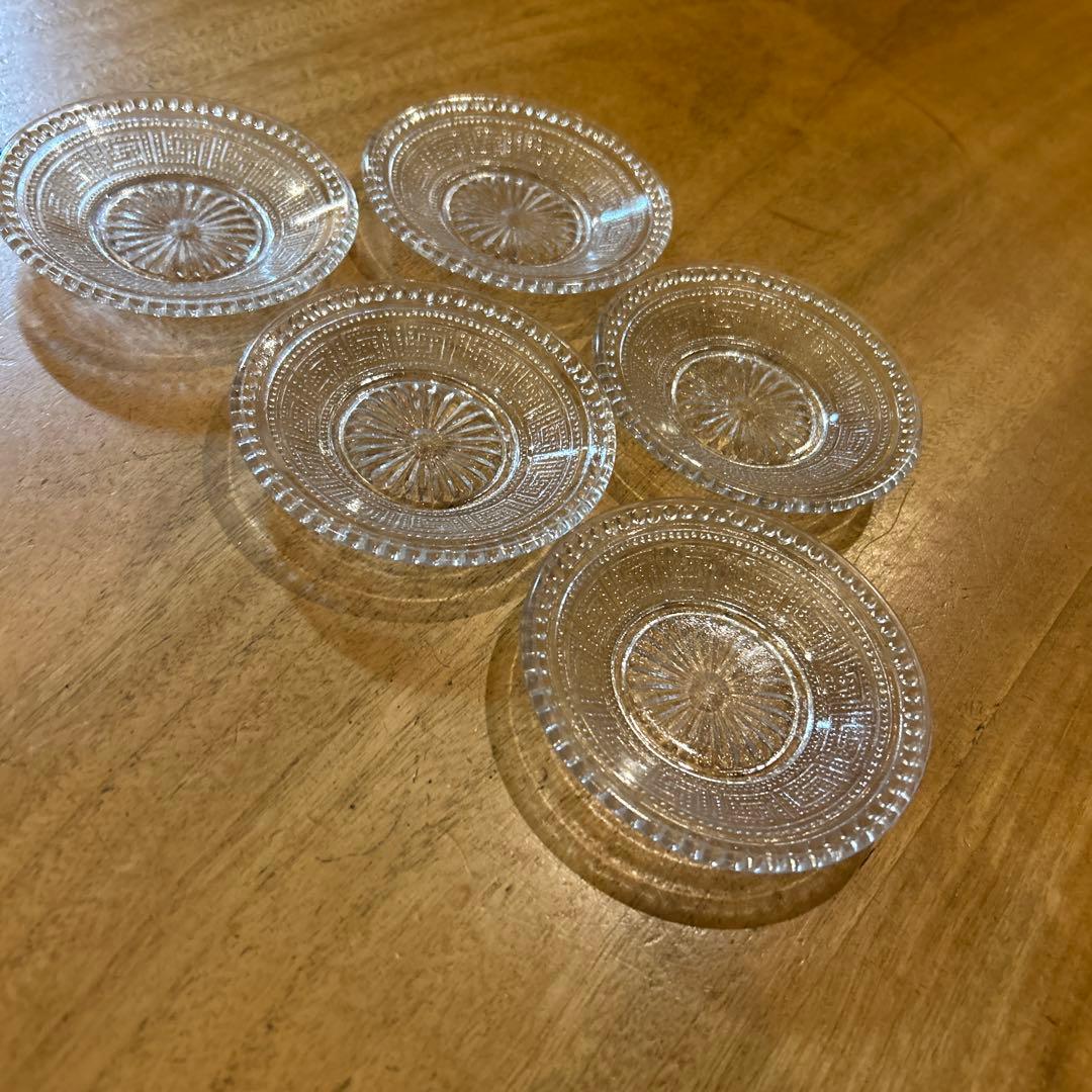 大正期プレスガラスレース皿アンティークヴィンテージ和ガラス(雷紋)五枚