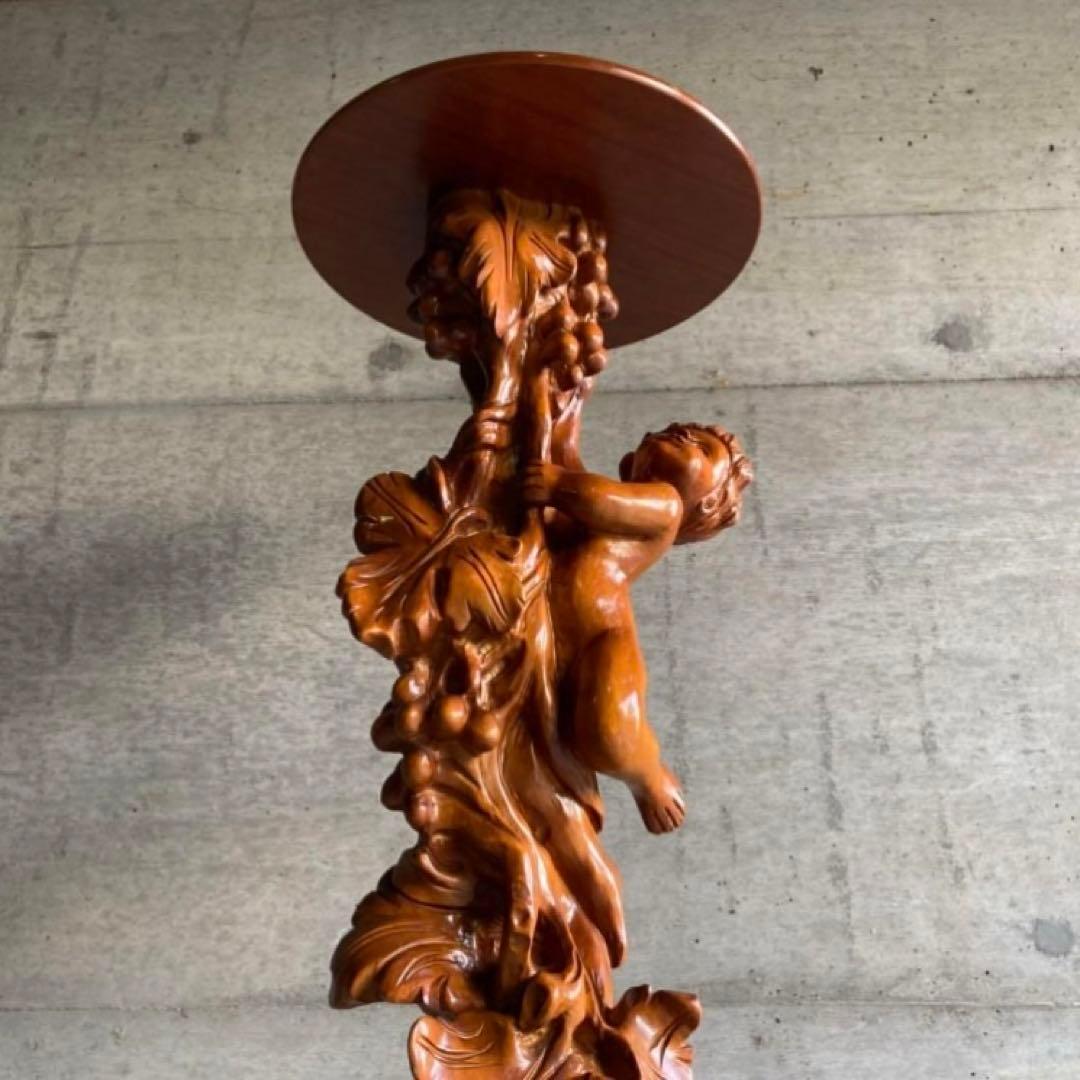 飾り台 花台 スタンド テーブル 大型 木製 木彫り 彫刻 天使 リーフ レトロ