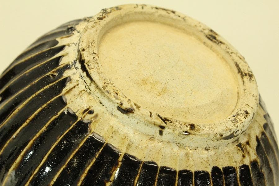 中国美術 黒釉 條紋壷 水指 茶道具伝来(ZE735)