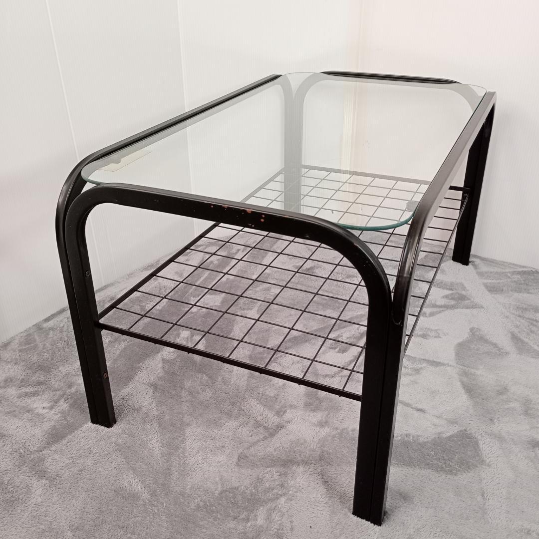 昭和レトロ ガラス アイアンフレーム ローテーブル 網棚付き ブラック 黒