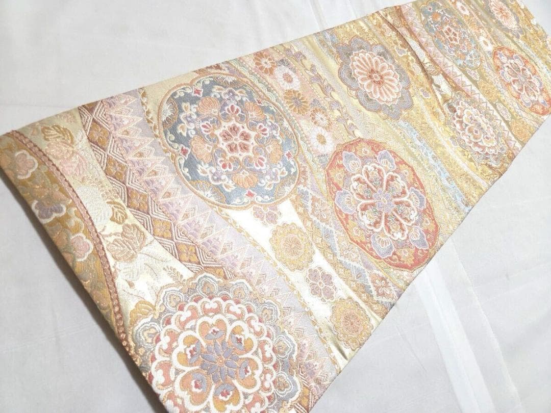 G 正倉院華文 金糸 菊 唐草唐花 桐 パステル 六通 正絹 フォーマルな袋帯