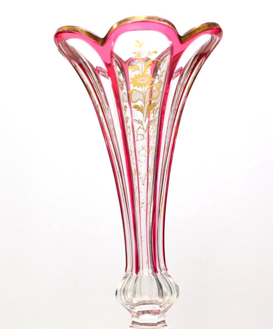 オールド・バカラ 超希少 アンピール様式 金赤金彩装飾 切子 花瓶 壺 ゴールド