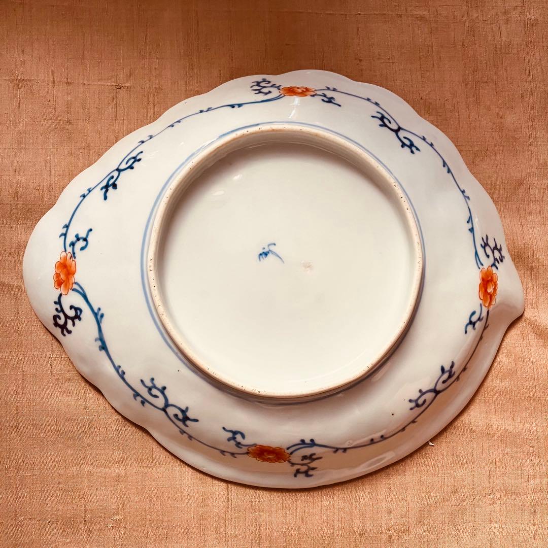 オールド香蘭社　色絵鮑型草花鳳凰図皿　明治　手書き　② アンティーク　古伊万里