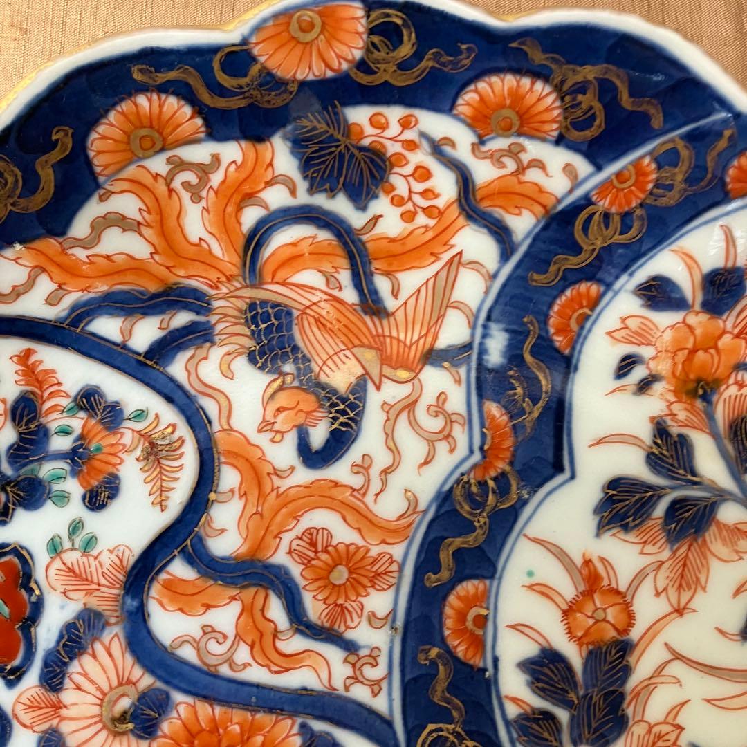 オールド香蘭社　色絵鮑型草花鳳凰図皿　明治　手書き　② アンティーク　古伊万里