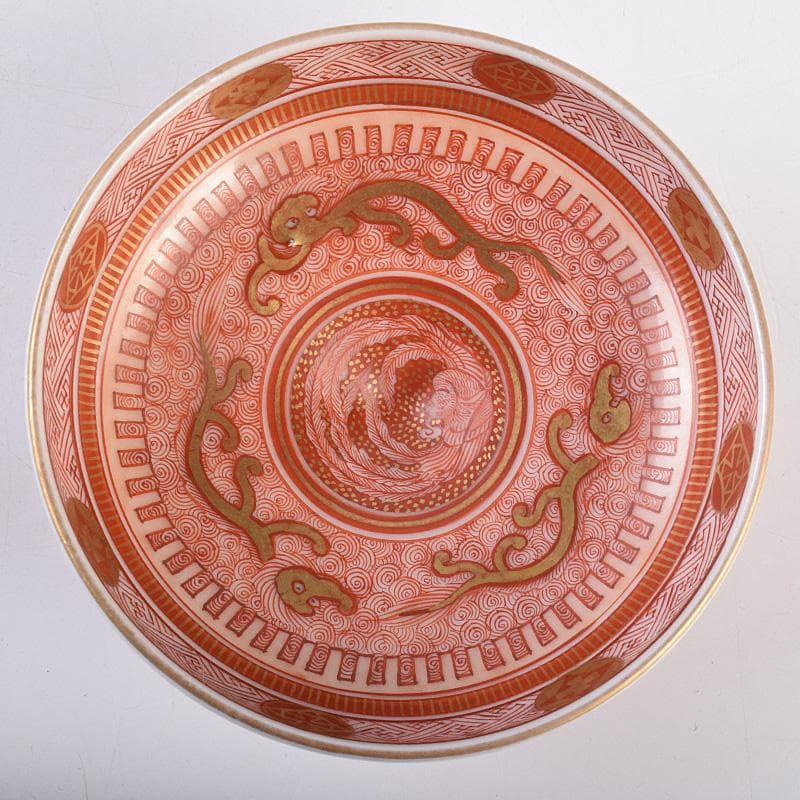 九谷焼　古九谷　赤絵金彩　鳳凰文　盃　一對　時代箱付　D　R8979