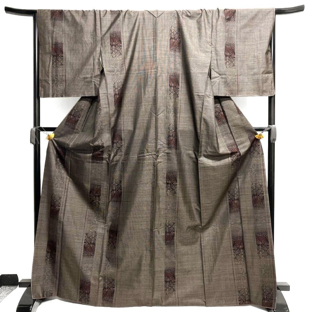 大島紬　小紋　泥染　縦縞模様　花模様　着物　015b p