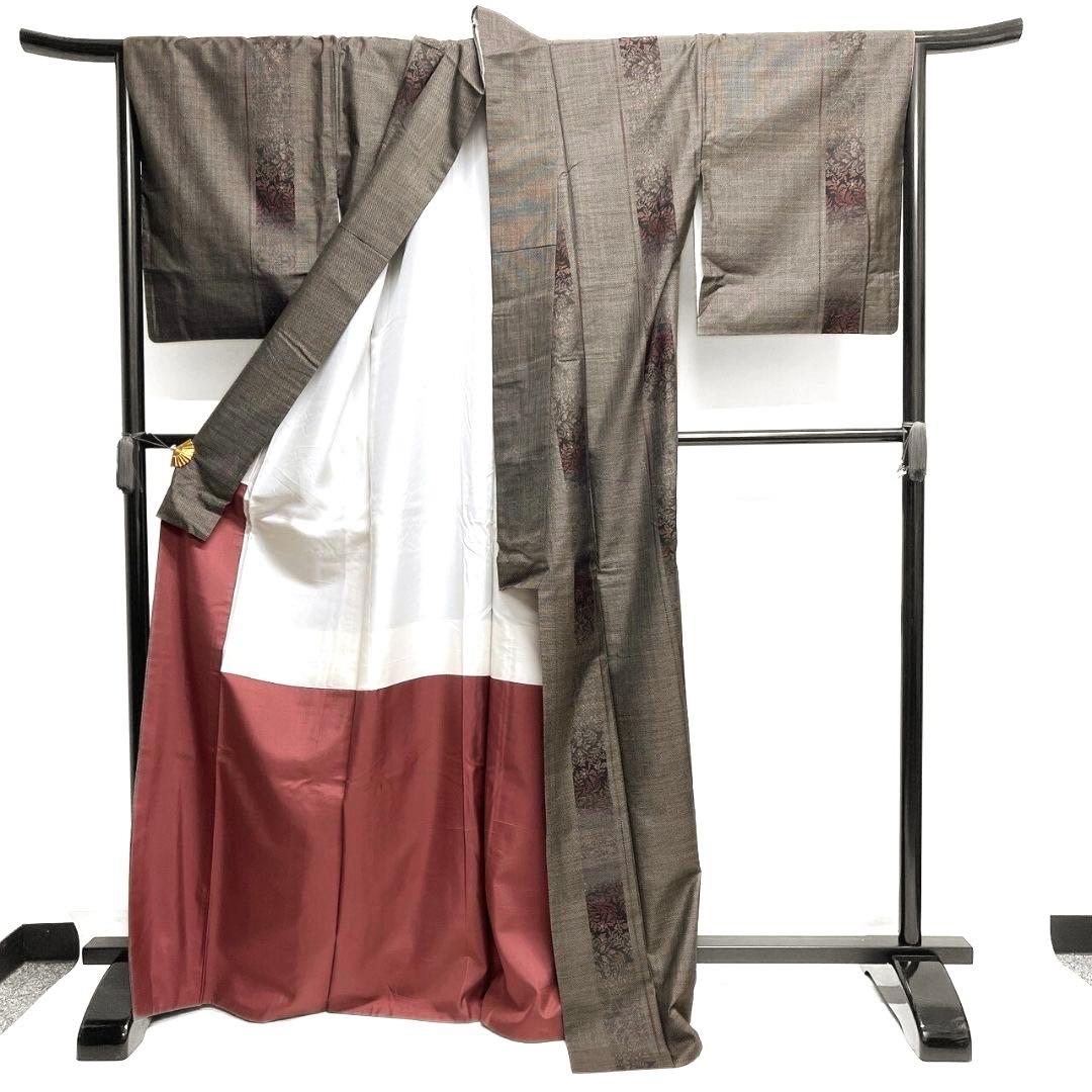 大島紬　小紋　泥染　縦縞模様　花模様　着物　015b p