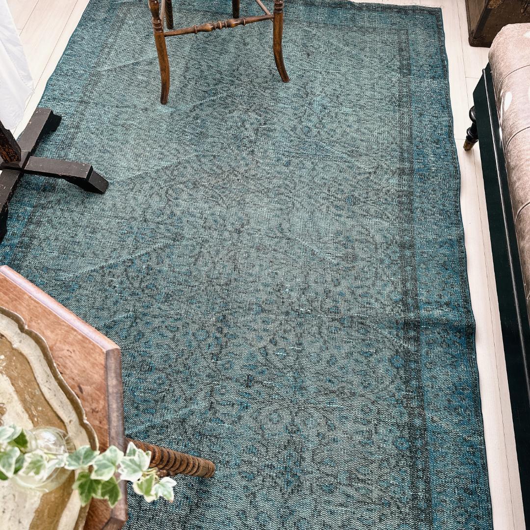 【訳アリ】トルコ ヴィンテージラグA114超大判 ターコイズブルー オーバーダイ