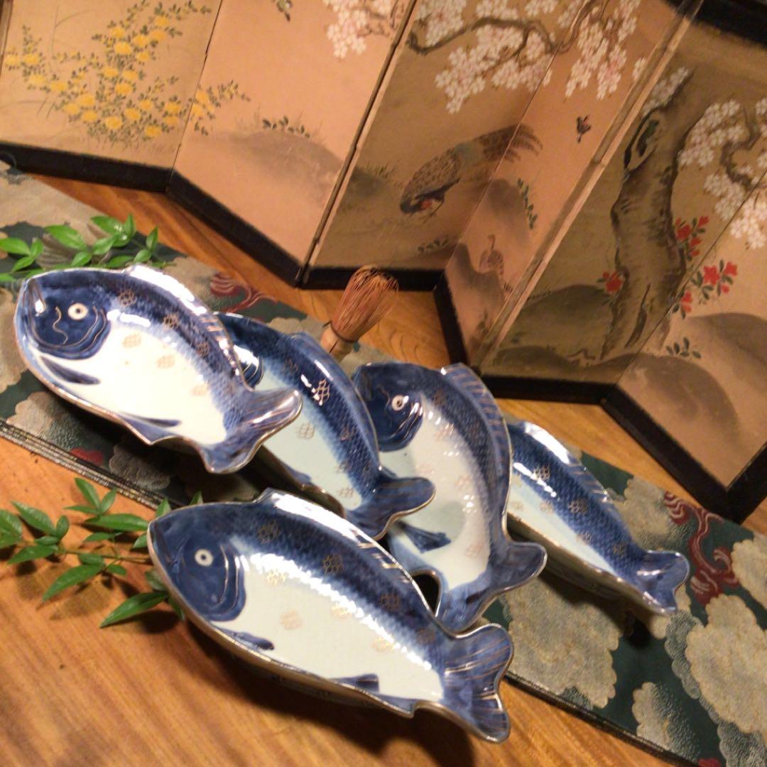 A 378 古伊万里　元禄　染付　金彩　鯛皿　変形魚型皿　1客