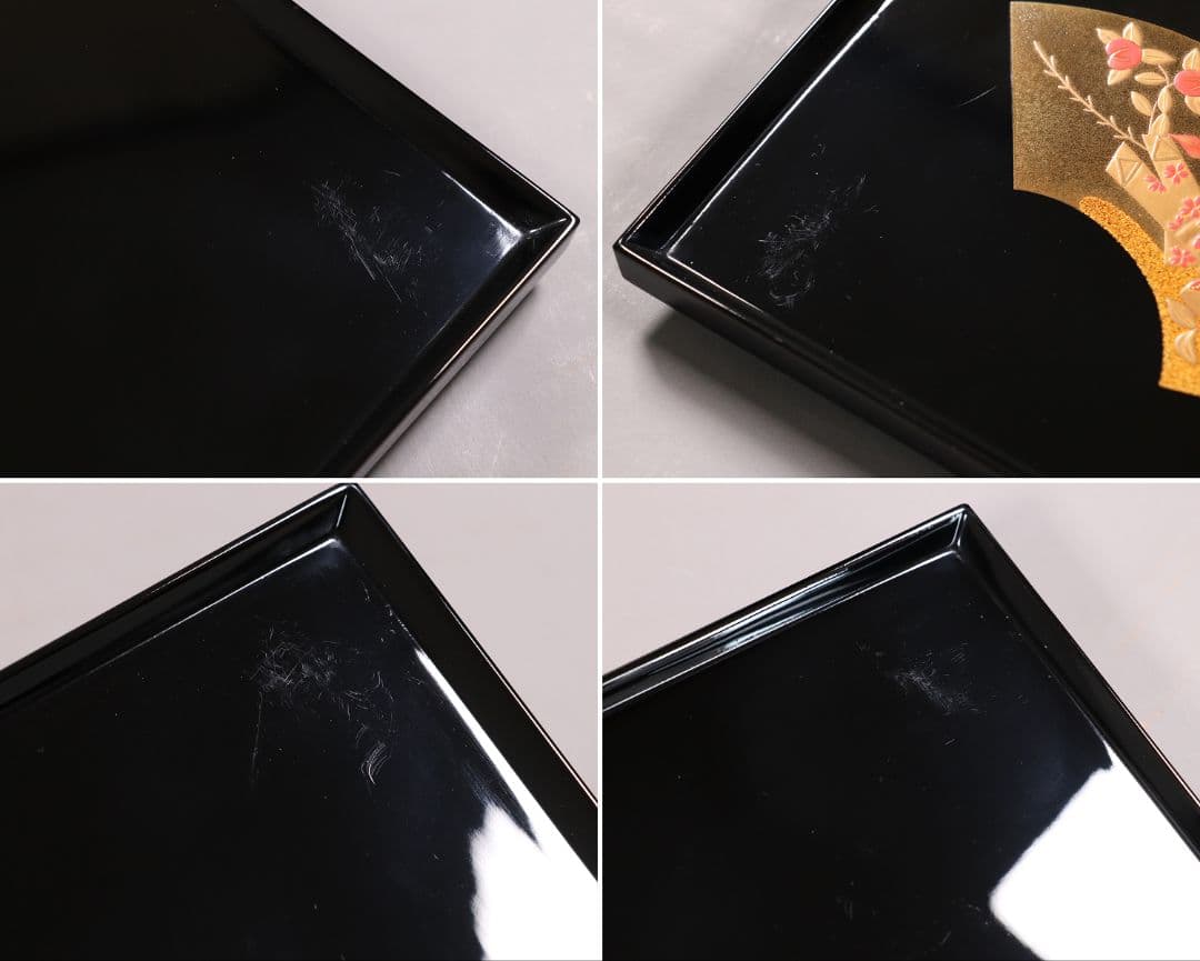 MA202 輪島塗 慶塚 扇面五節句蒔絵 卓上膳 五客 黒塗 足付長方膳 木製