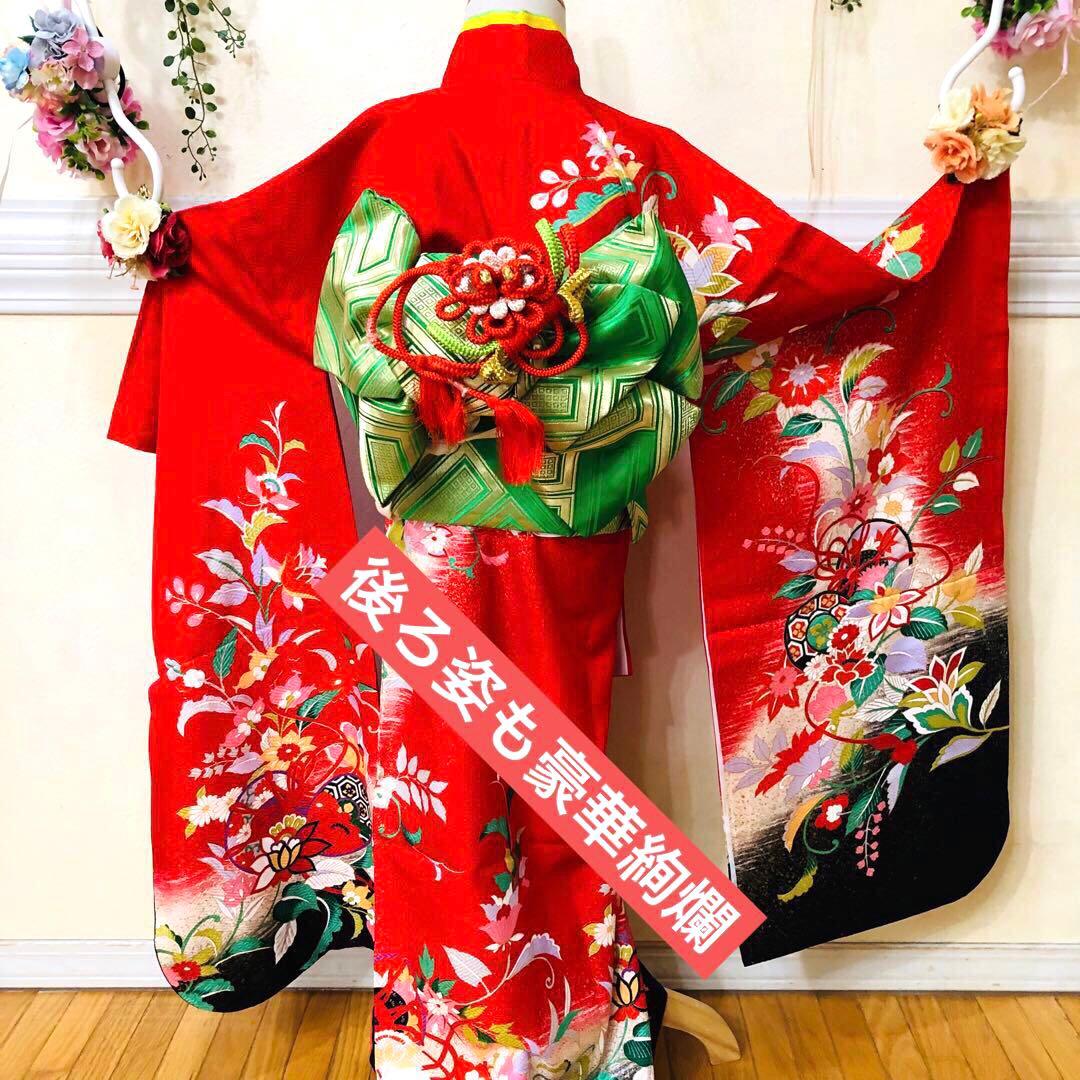 七五三 七歳‼️豪華正絹赤×黒ラメキラキラ‼️手毬熨斗金彩煌びやか際立つフルセット