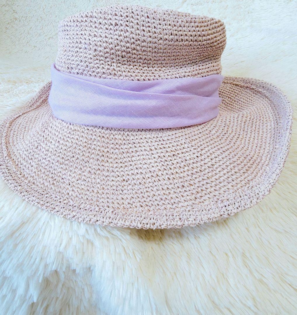 【CA4LA】リボン ストローハットカシラ　リボン 麦わら帽子　ピンク