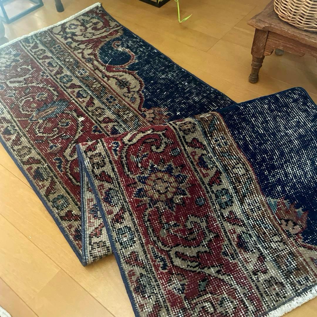 50×150 ロングランナーラグ　ネイビー×レッド　トルコヴィンテージラグ