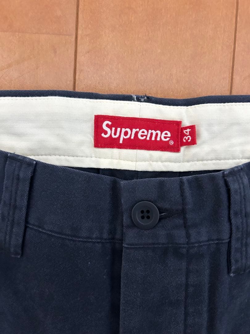 Supreme チノパン 34 刺繍 ネイビー シュプリーム ボトムス