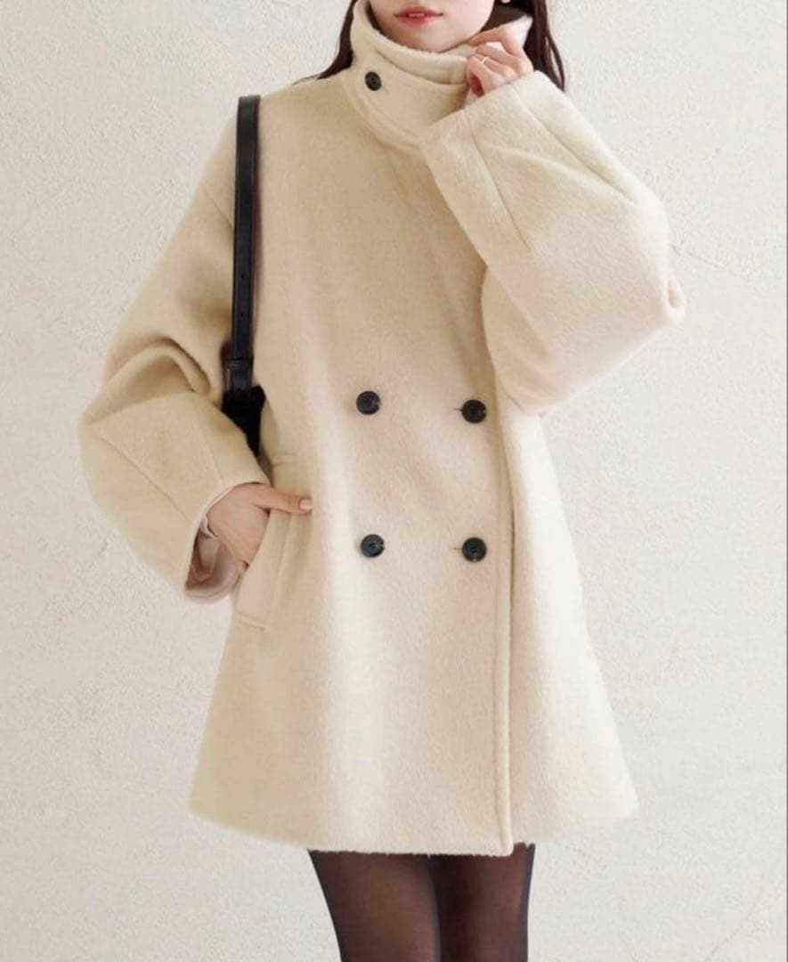 mystic ウール混 シャギーミドルコート アイボリー