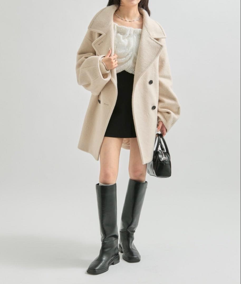 mystic ウール混 シャギーミドルコート アイボリー