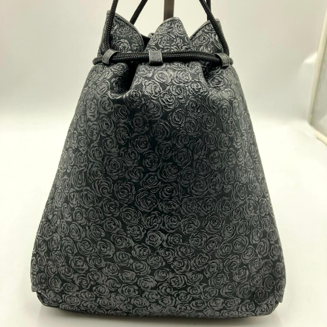【千恵子】印傳屋 ローズ柄 花柄 巾着バッグ 鹿革 ディアスキン 黒