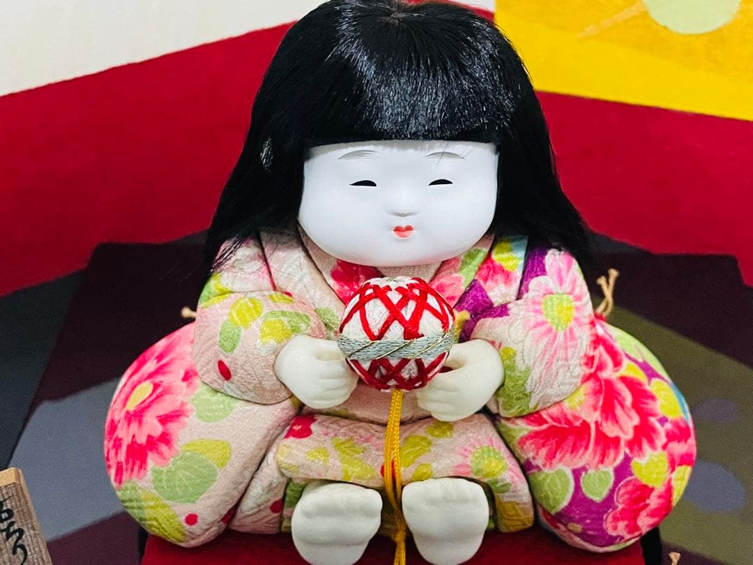 黒竹京子作古縮緬木目込人形手毬わらべ＊和紙細工衝立付き