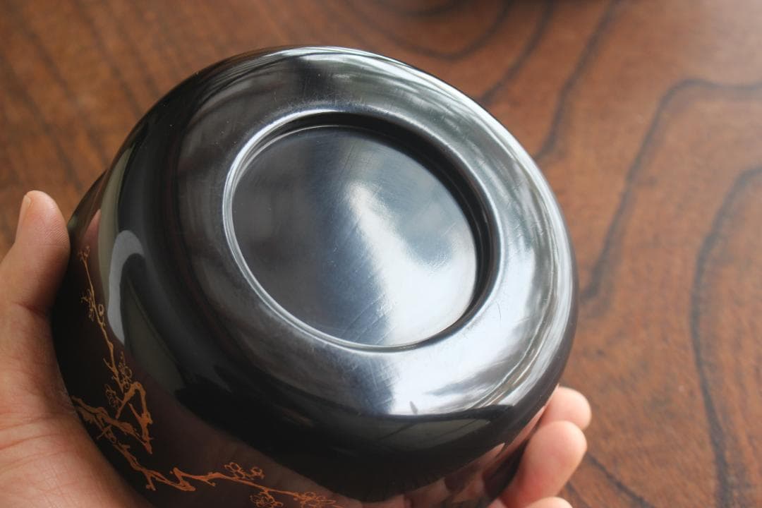 時代逸品！端正な時代黒漆に極上梅蒔絵の映える煮物椀2点（検懐石道具蒔絵椀茶道具