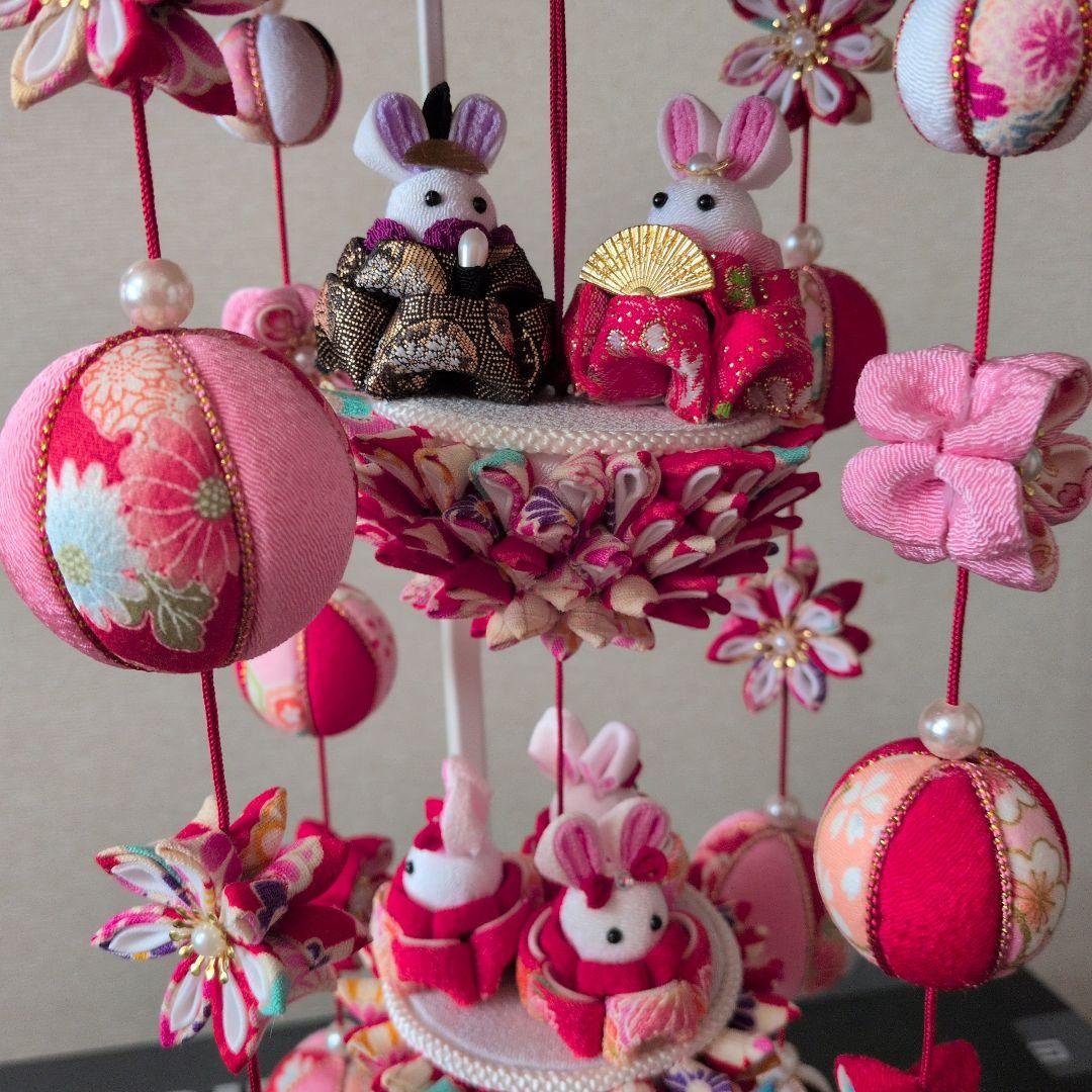 つまみ細工　吊るし雛　髪飾り付き　　お雛様　雛人形　赤系