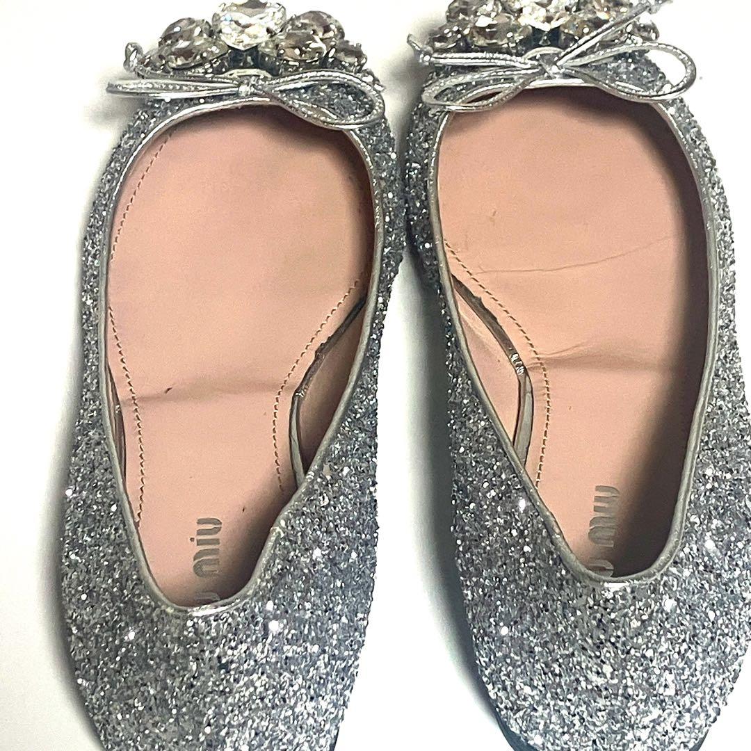 【美品】miumiu ミュウミュウ 24cm ビジュー　フラット　パンプス　銀