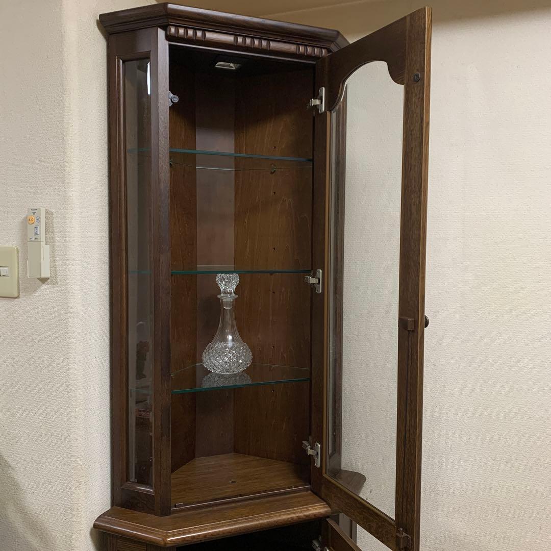 ヴィンテージ東海家具木製コーナーキャビネット ガラス棚付き