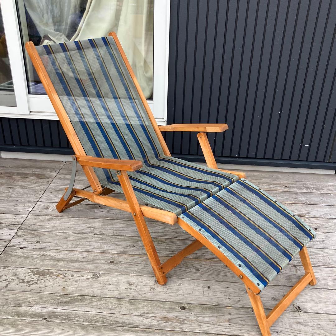 昭和レトロ 木製フレーム リクライニングチェア アウトドアチェア 折りたたみ式