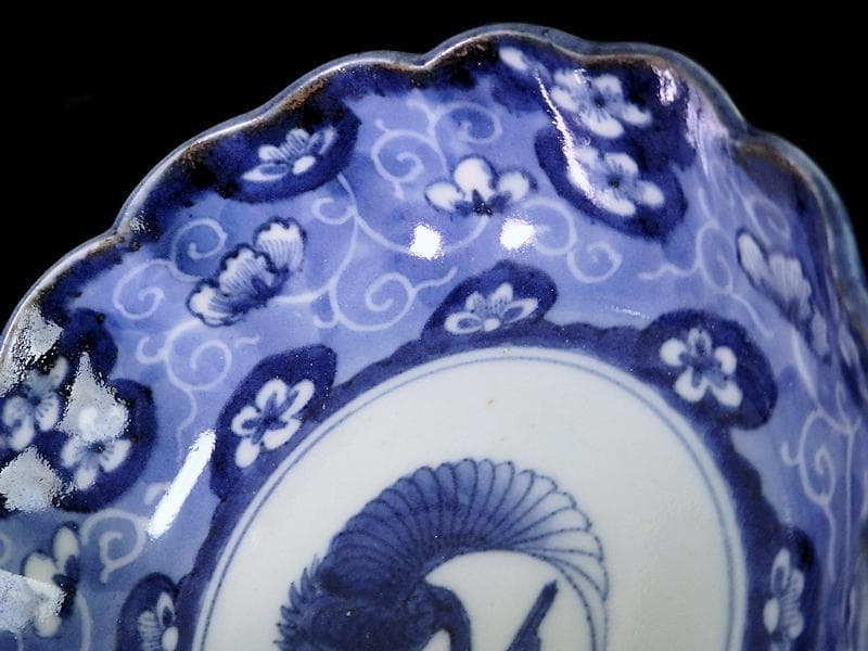 古伊万里　染付　墨弾き　梅花に舞鶴紋の図　膾皿　２客　E520AS-COd