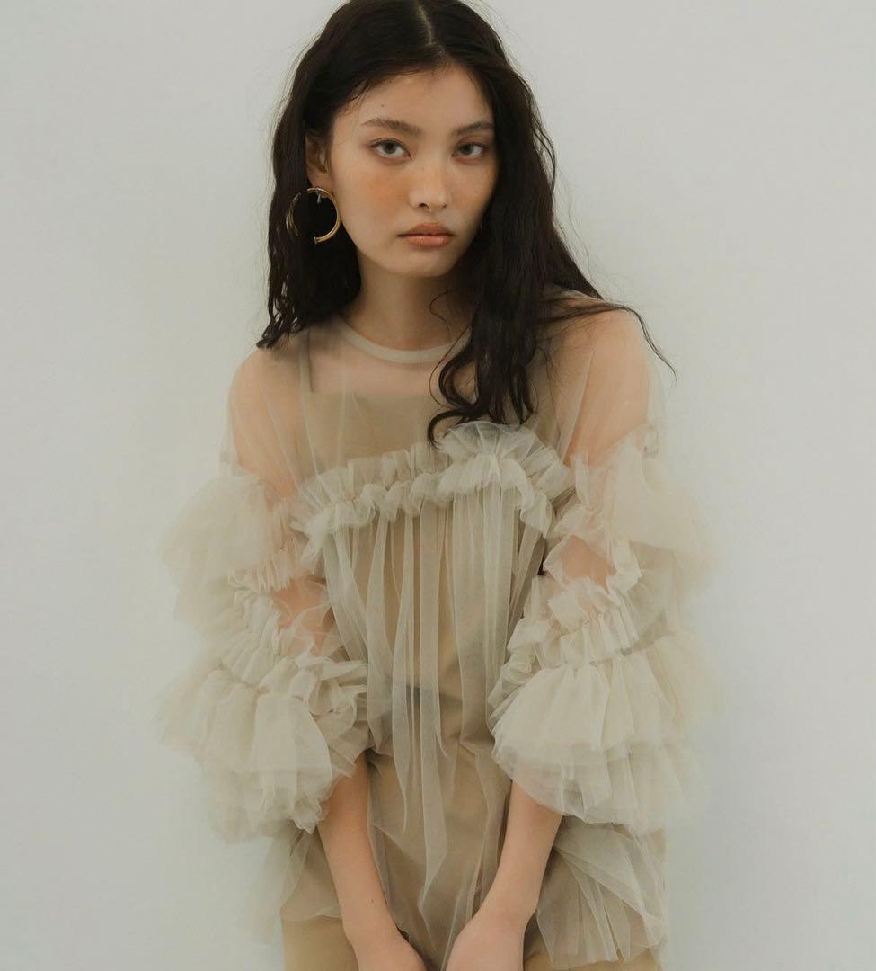 ANDRESD Sサイズ　ベージュ　カッティングカーブドレス、チュールトップス