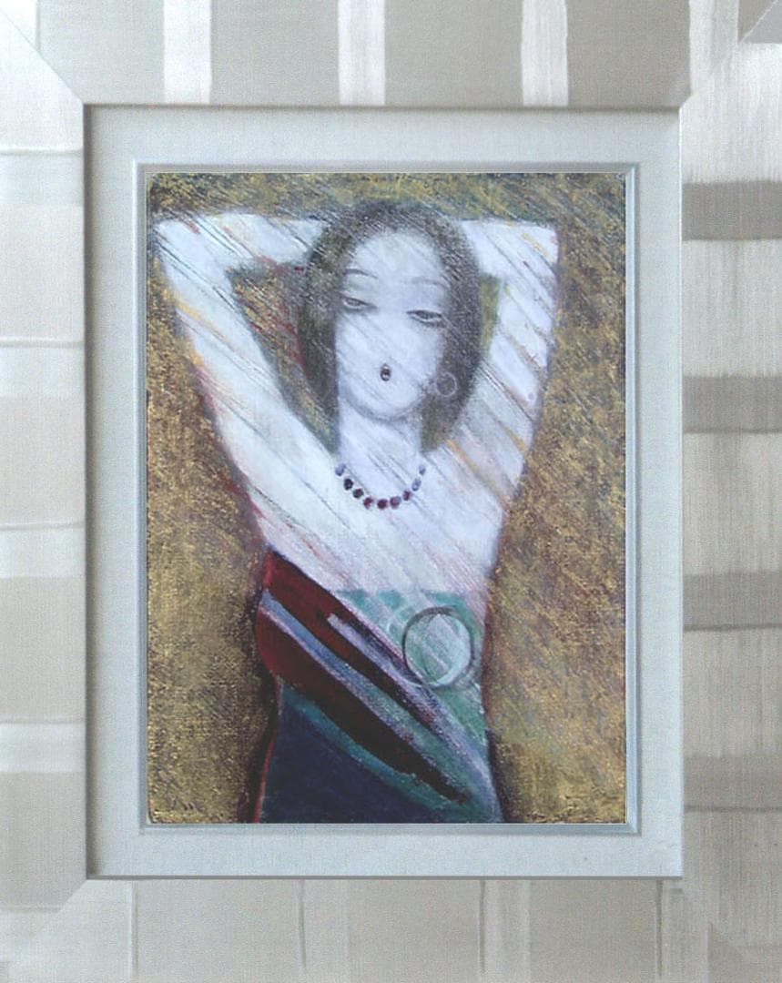 油絵 菅家令子 絵 絵画インテリア額付(青緑＋金色の枠) F3-32023 女性