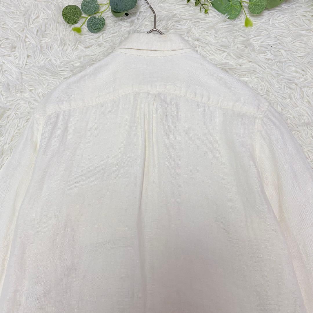 美品★ヤンマ産業　YAMMA リネン　丸襟長袖シャツ　オフホワイト