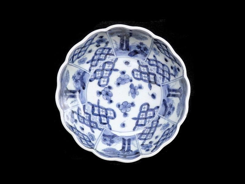 古伊万里　染付　七宝紋に梅の図　膾皿　５客　381AS-CAv
