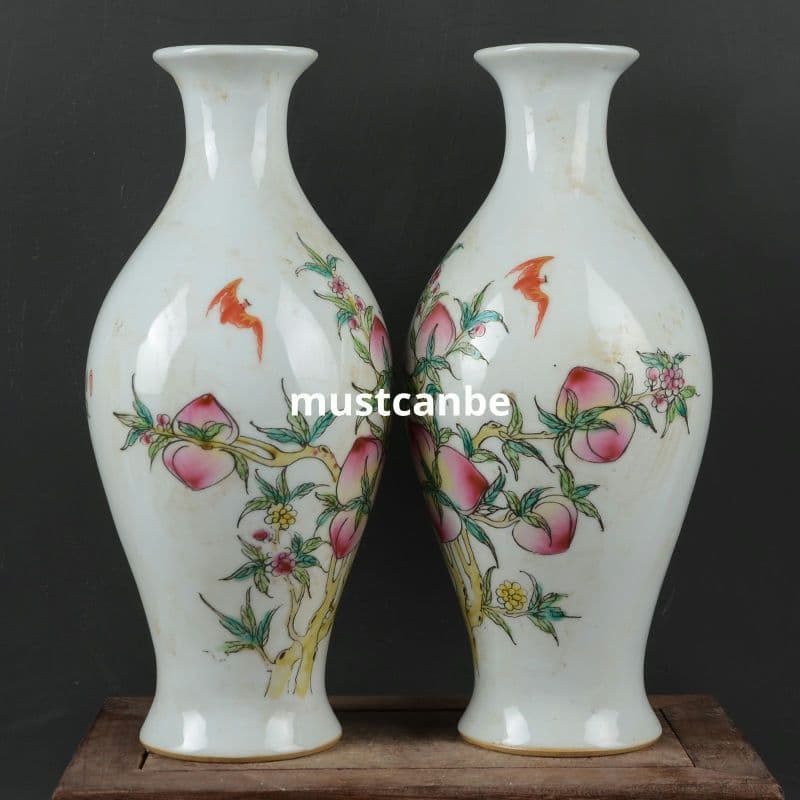 清乾隆粉彩九桃橄欖瓶花瓶 景徳鎮 陶磁器 装飾品 現代工芸品 美術品 置物