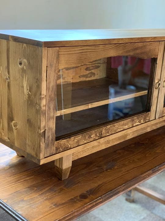【無垢材】アンティーク調　ガラステレビボード