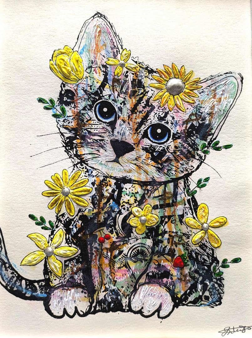 A4大作品✨手作り額付き作品　title「夢旅ニャンコ」