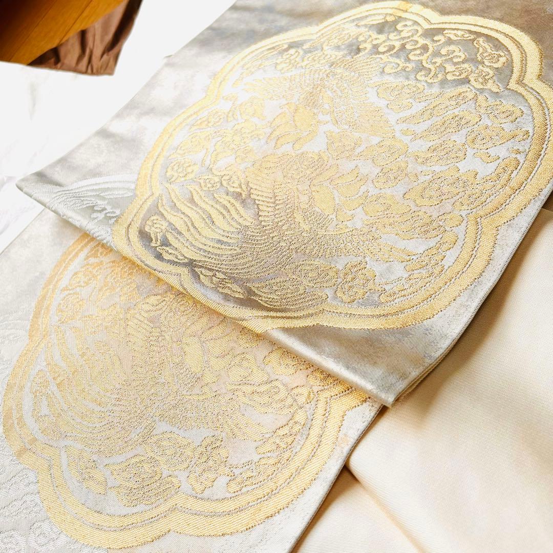 留袖用　袋帯　正絹　金糸　銀糸　フォーマル　お祝い　美品　鶴　亀　刺繍　訪問着