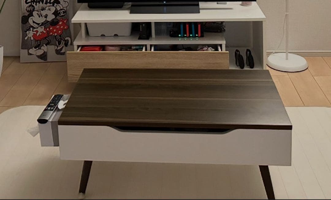 昇降式テーブル コンパクト 収納付き木目調センターテーブル