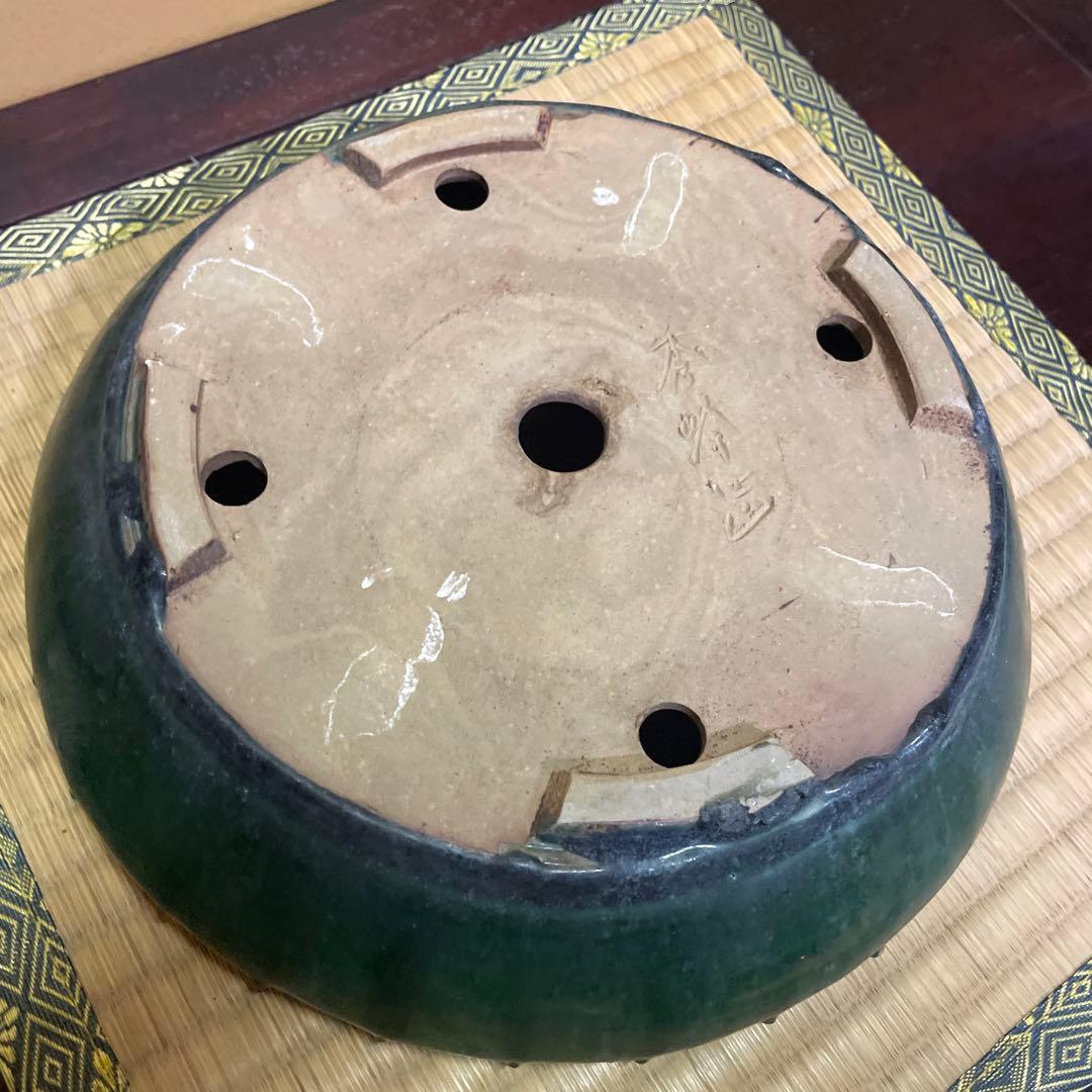 【落款あり】秀峰 鋲打外縁丸太鼓鉢 緑釉 盆栽鉢 丸型鉢 24cm