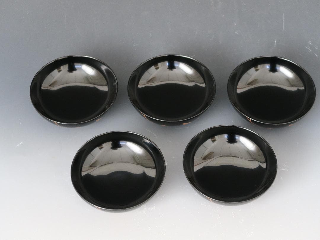 【輪島塗】鉄仙蒔絵 吸物椀 黒塗 五客揃 天然木 共箱