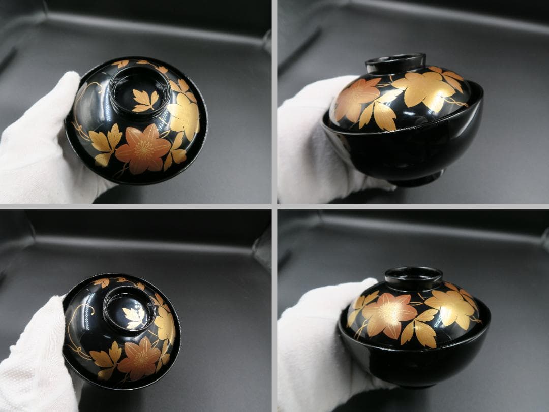 【輪島塗】鉄仙蒔絵 吸物椀 黒塗 五客揃 天然木 共箱