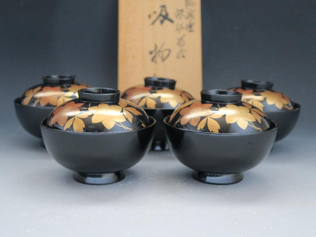 【輪島塗】鉄仙蒔絵 吸物椀 黒塗 五客揃 天然木 共箱