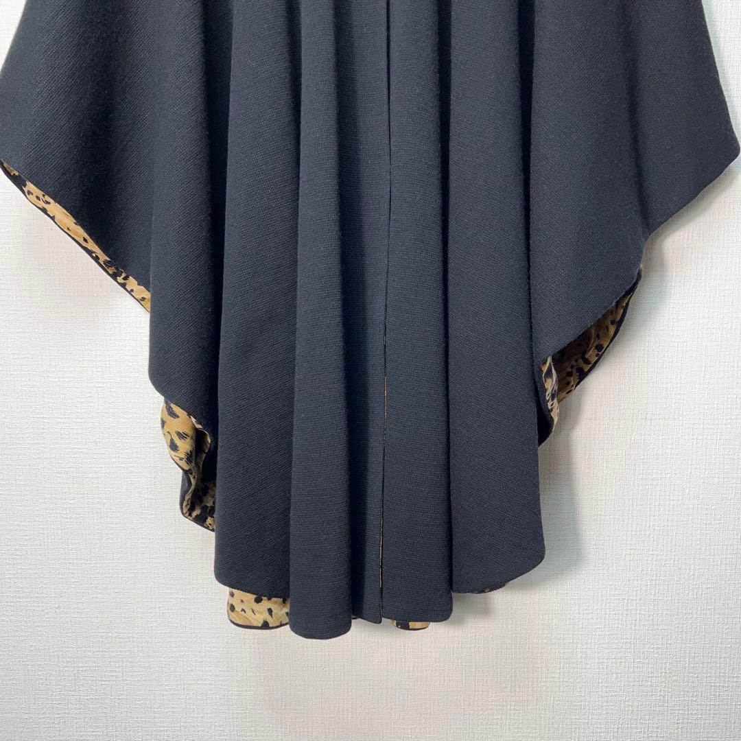 ヘルノ ウールケープコート ポンチョ 羽織り ファー レオパード 裏地総柄 黒