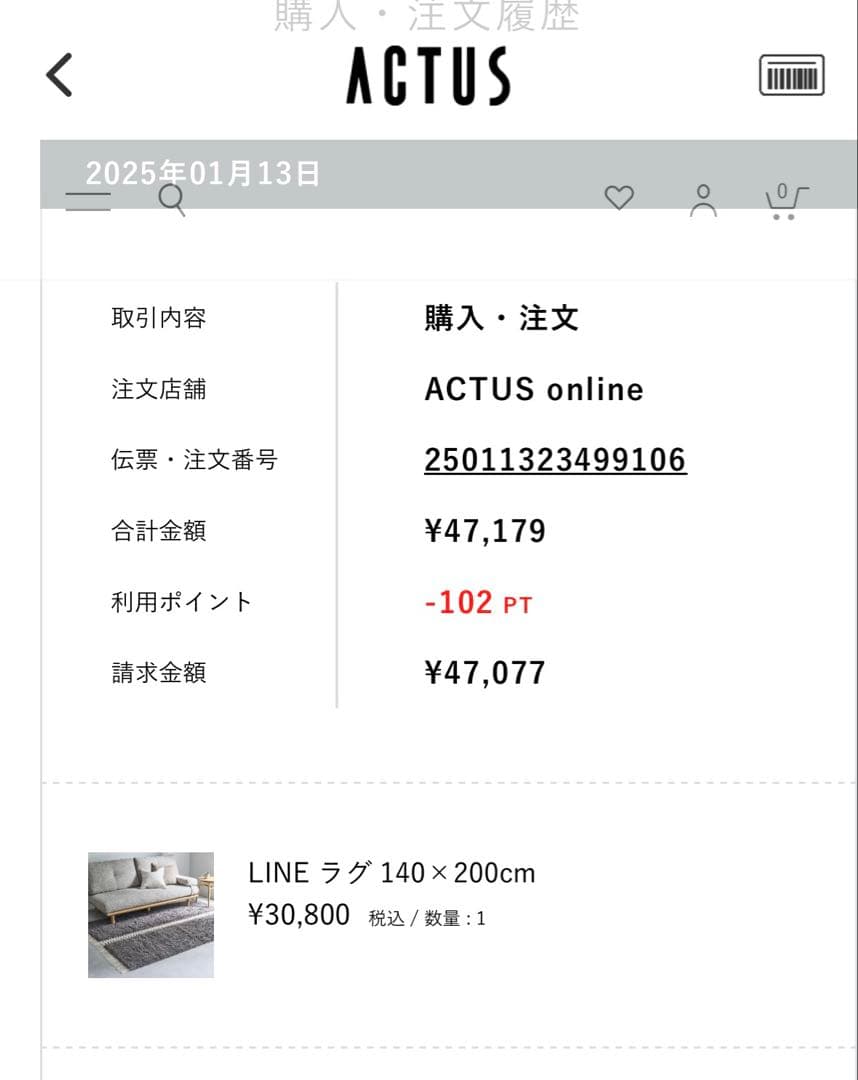 ACTUS LINE ラグ 140×200cm グレー
