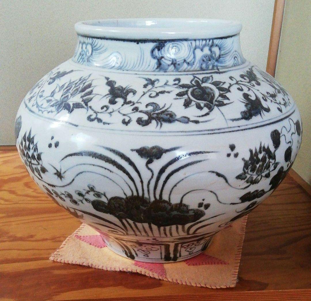 最終値下げ　中国骨董貴重陶芸　中国陶磁器を代表する元染付といわれる蓮と水鳥図大缶
