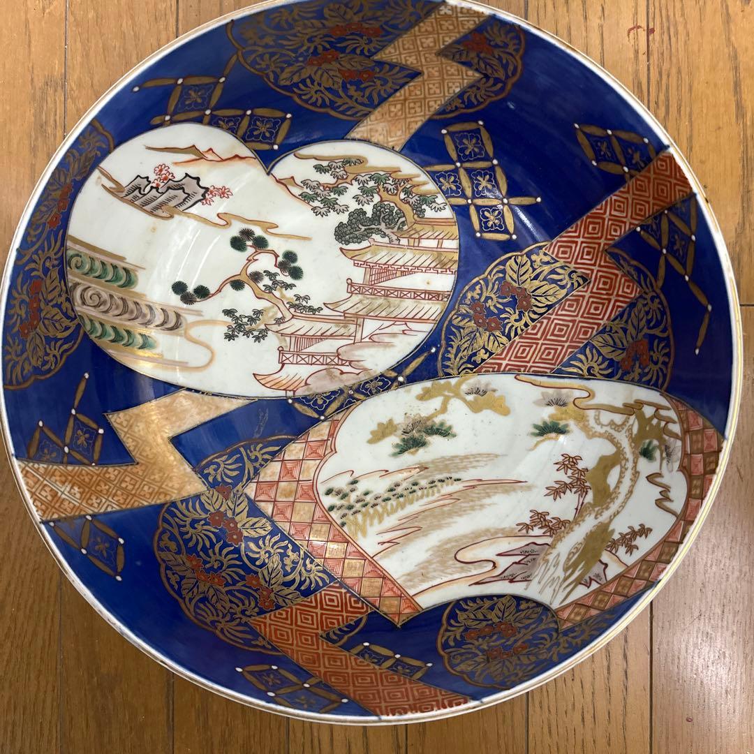 江戸、古伊万里、瑠璃、金彩窓絵、特大、楼閣山水図。無傷！
