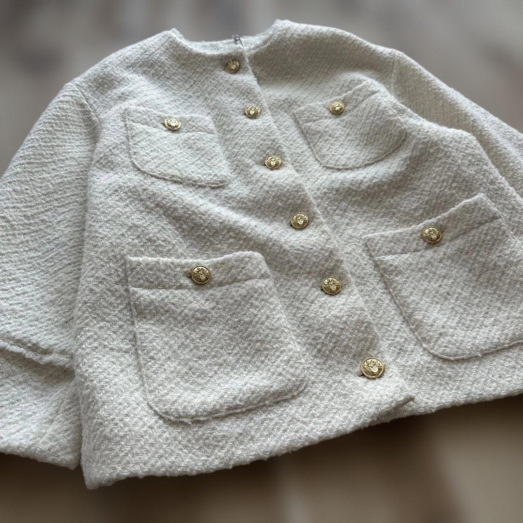 ラウンジドレス ノーカラー ツイードジャケット 金ボタン ウール 白