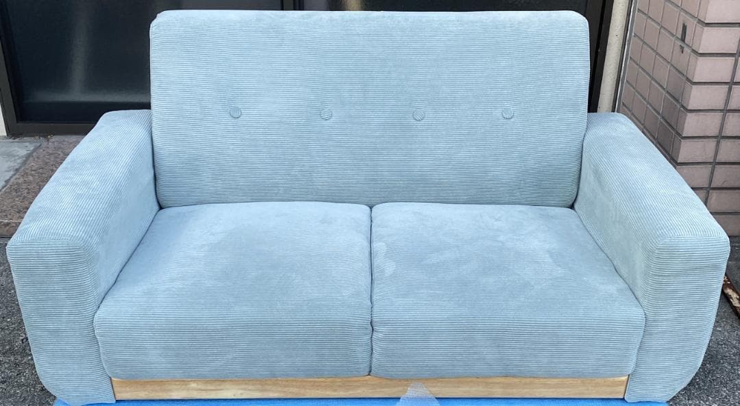 コーデュロイ 天然木 2人掛け ソファ ローソファ ミントブルー 幅130cm