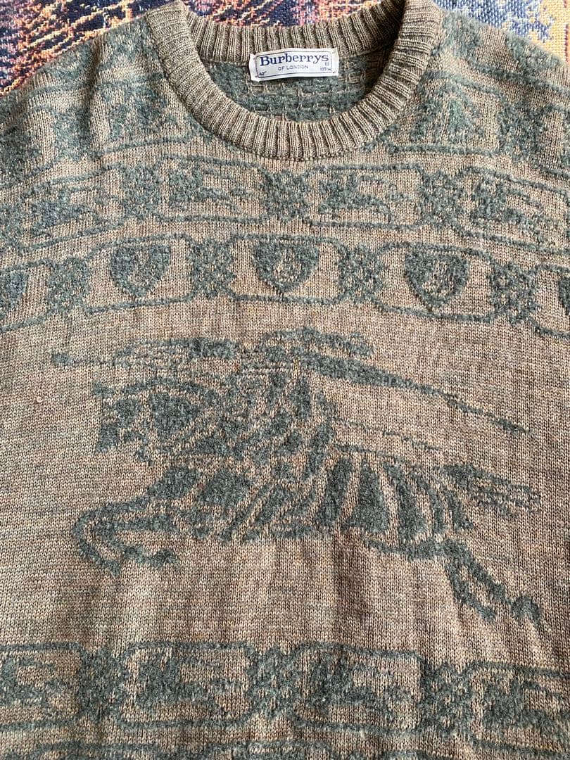 【英国製】80s 90s 希少柄 Burberrys ニット•セーター グリーン
