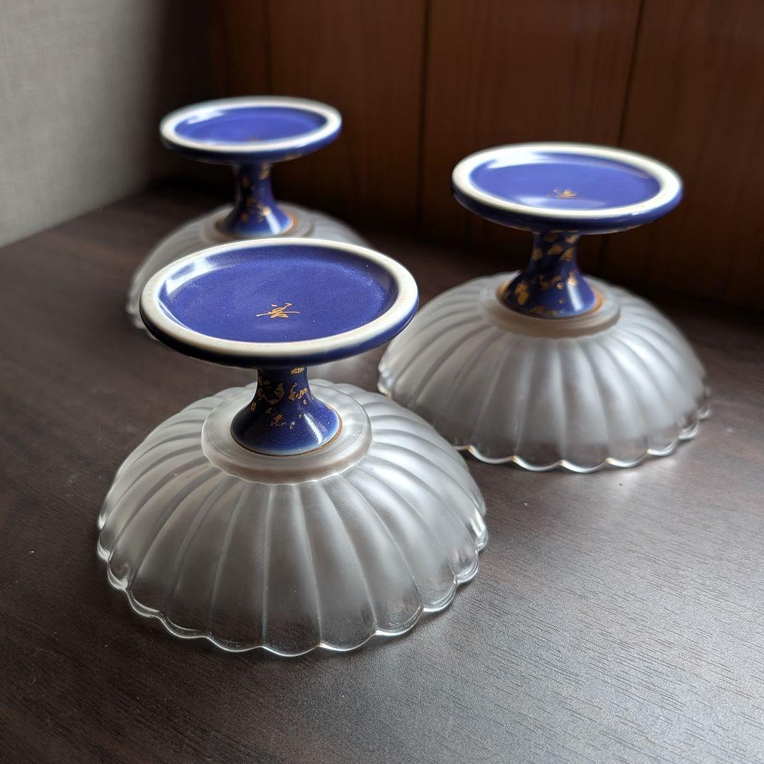 【希少】金彩が美しいハイブリッド高台皿 3脚セット ふぐ刺し　ガラス陶器 料亭