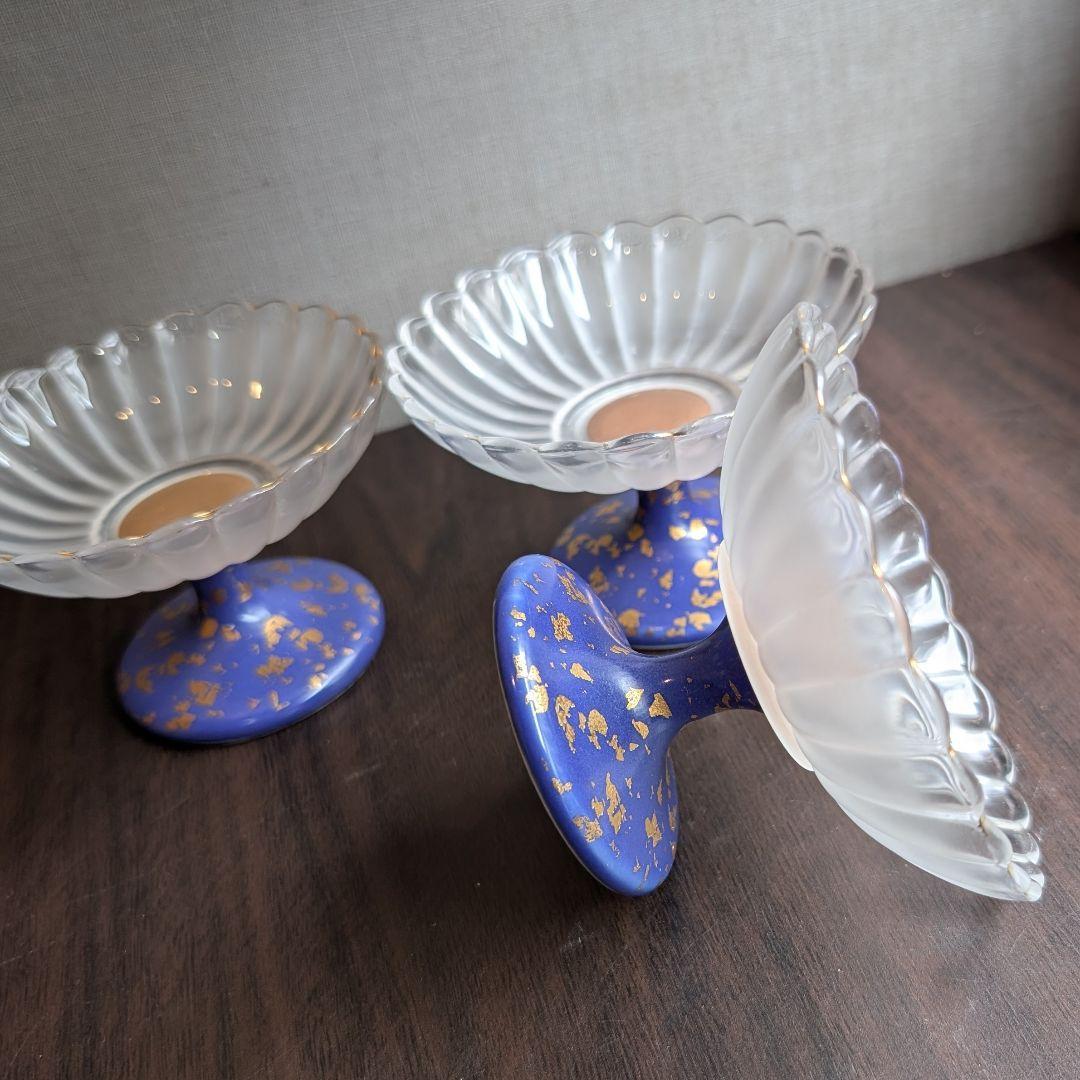 【希少】金彩が美しいハイブリッド高台皿 3脚セット ふぐ刺し　ガラス陶器 料亭